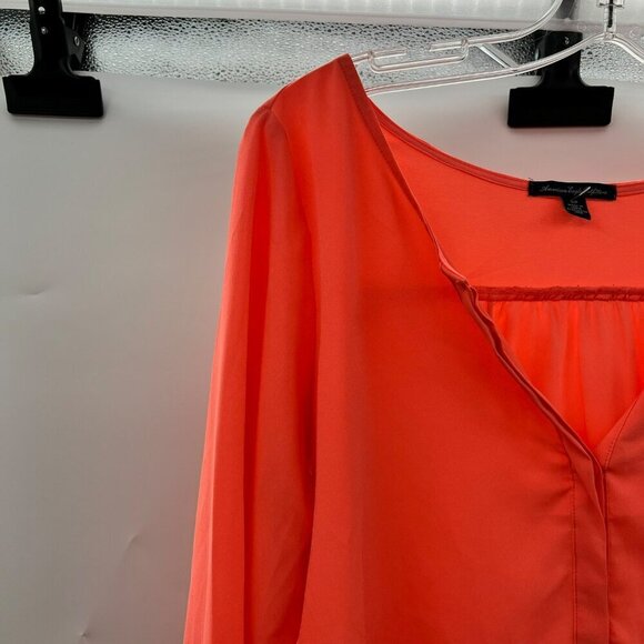 American Eagle Outfitters Somen's V-Neck Sheer Top Coral Size Small Long Sleeve - Picture 3 of 9